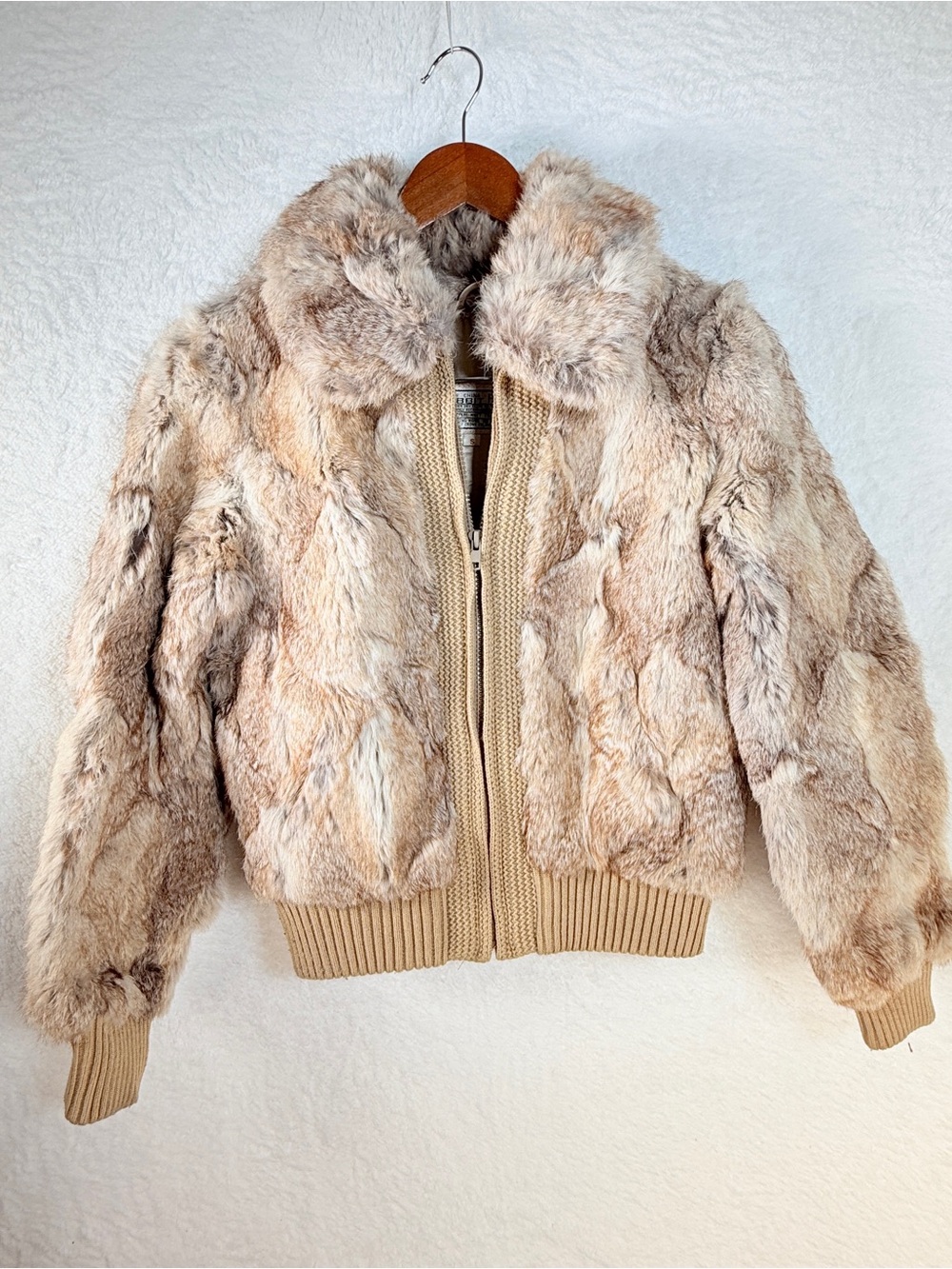Vintage Genuine Rabbit Fur Bomber Jacket Size Small Beige Tan